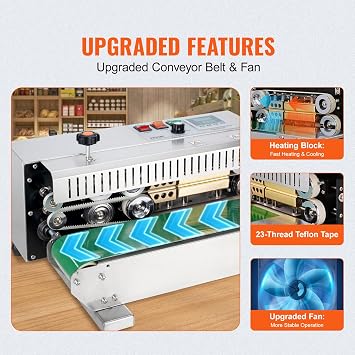 VEVOR Continuous Bag Band Sealing Machine, 0.24-0.47 in/6-12 mm Seal Width, Horizontal Band Sealer Machine with Digital Temperature Control Stainless Steel Bag Sealer for 0.02-0.8 mm Plastic Bag Film