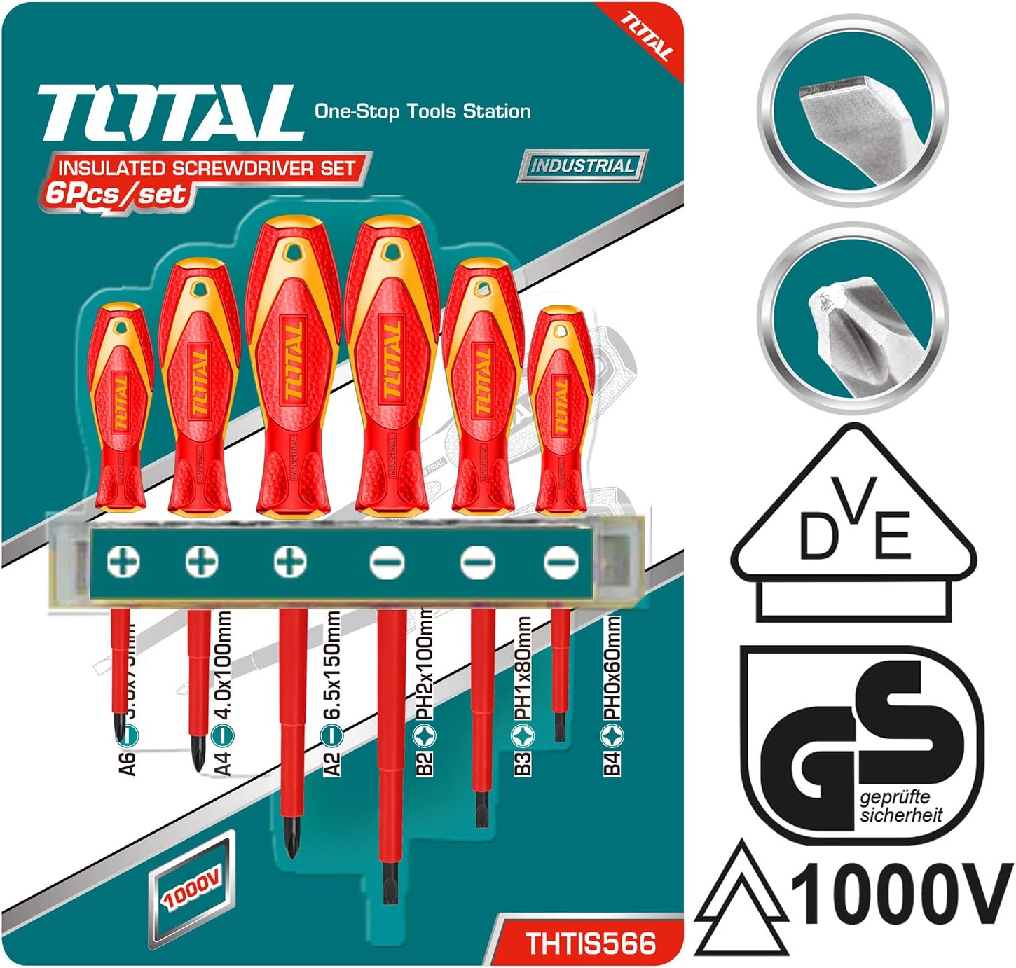 TOTAL - Set of 6 insulated screwdrivers - 3 Flat Tip and 3 Phillips Tip - Bi-material Ergonomic Handle - VDE Certified - Special for Electrical Work - Chrome Vanadium