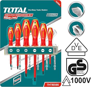 TOTAL - Set of 6 insulated screwdrivers - 3 Flat Tip and 3 Phillips Tip - Bi-material Ergonomic Handle - VDE Certified - Special for Electrical Work - Chrome Vanadium