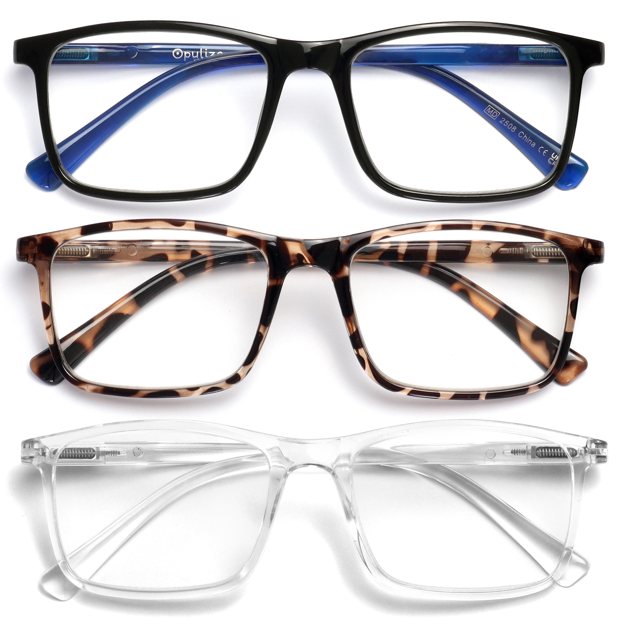 OPULIZE INK Reading Glasses for Women Men, Large Rectangular Frame with Spring Hinges & Scratch Resistant, Black Brown Tortoiseshell Blue, +3.5(Pack of 3)