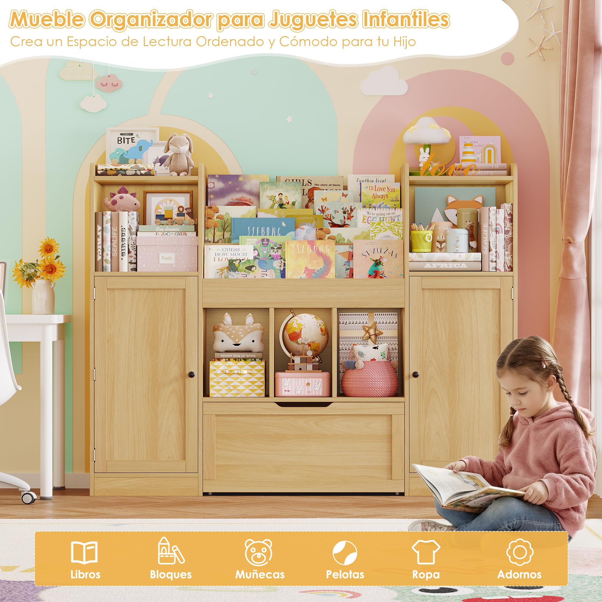FOREHILL Organizador Juguetes, Mueble Almacenaje Juguetes, 1 Cajón, Roble | 5 Estantes para Puerta, 5 Compartimentos, 1 Estantería, 1 Cajón para Habitaciones de Juegos, 140.3x30x108.3cm