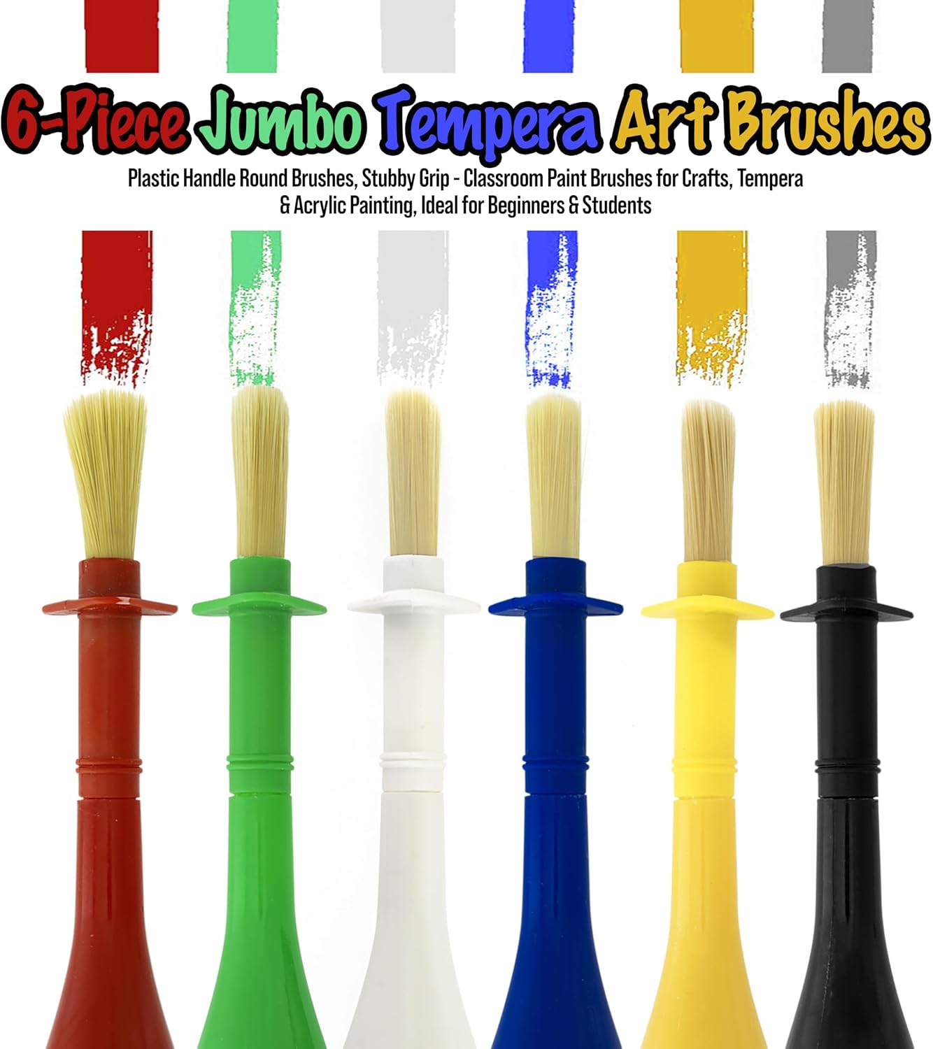 U.S. Art Supply 6-Piece Jumbo Tempera Art Brushes - Plastic Handle Round Brushes, Stubby Grip - Classroom Paint Brushes for Crafts, Tempera & Acrylic Painting, Ideal for Beginners & Students
