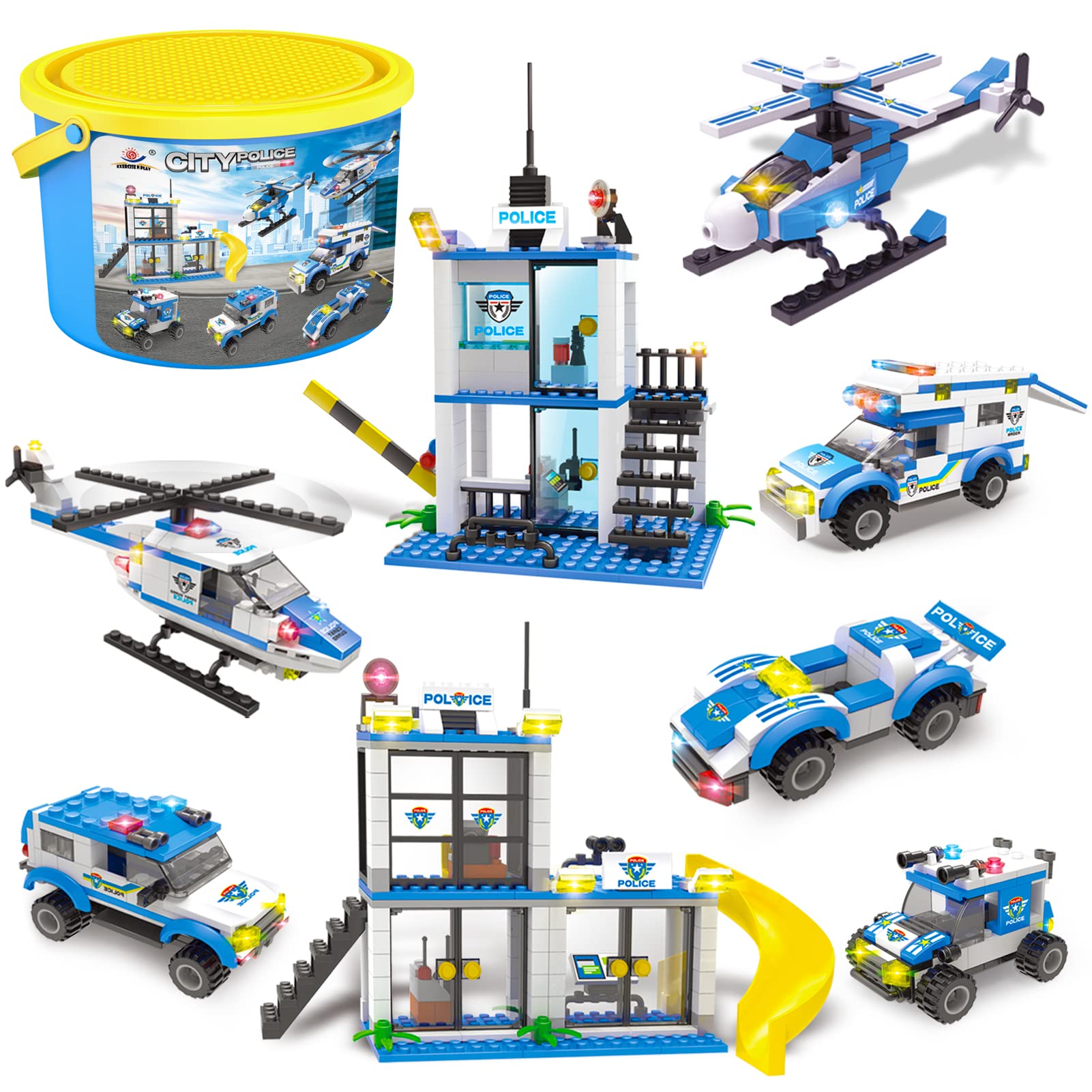 City Police Station Building Kit with Cop Cars, Helicopter, Prison Van