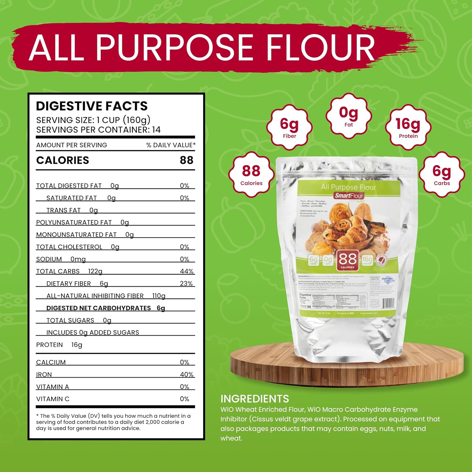 WiO SmartFoods™ All-Purpose Flour, 5-lb. Low-Carb, Fat-Free, Sugar-Free, Flour for Baking, Cooking, and More