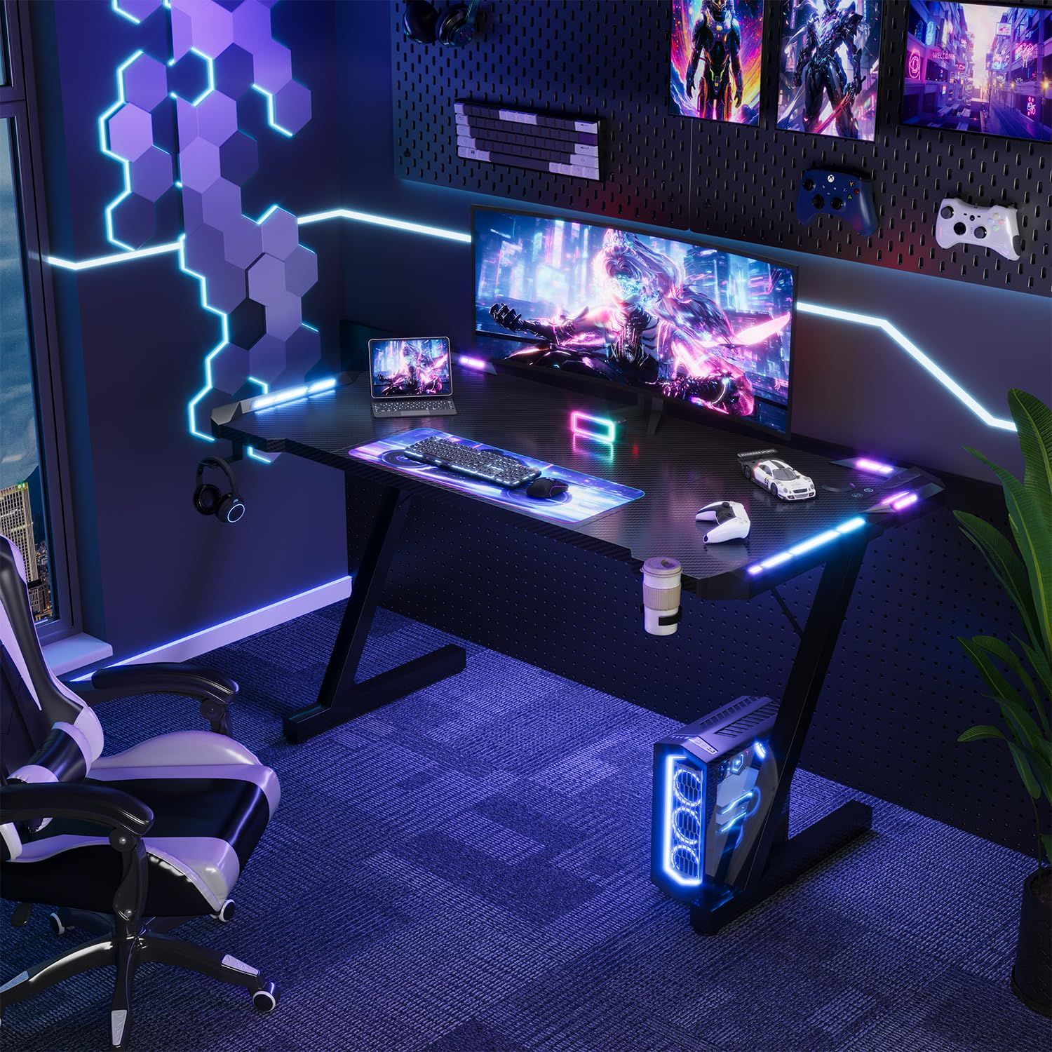 Devoko 120 x 60cm Scrivania Gaming LED, Tavolo Gaming Ergonomica, Scrivania per Computer con Porta Bicchiere e Ganci per Cuffie, Postazione con Piano del Tavolo in Fibra di Carbonio, Nero