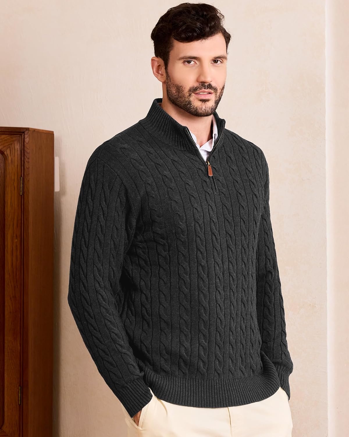 Kallspin Men's Quarter Zip Sweater Pullover Pure Cotton Cable Knit Long Sleeve Business Casual Knitwear - Image 6