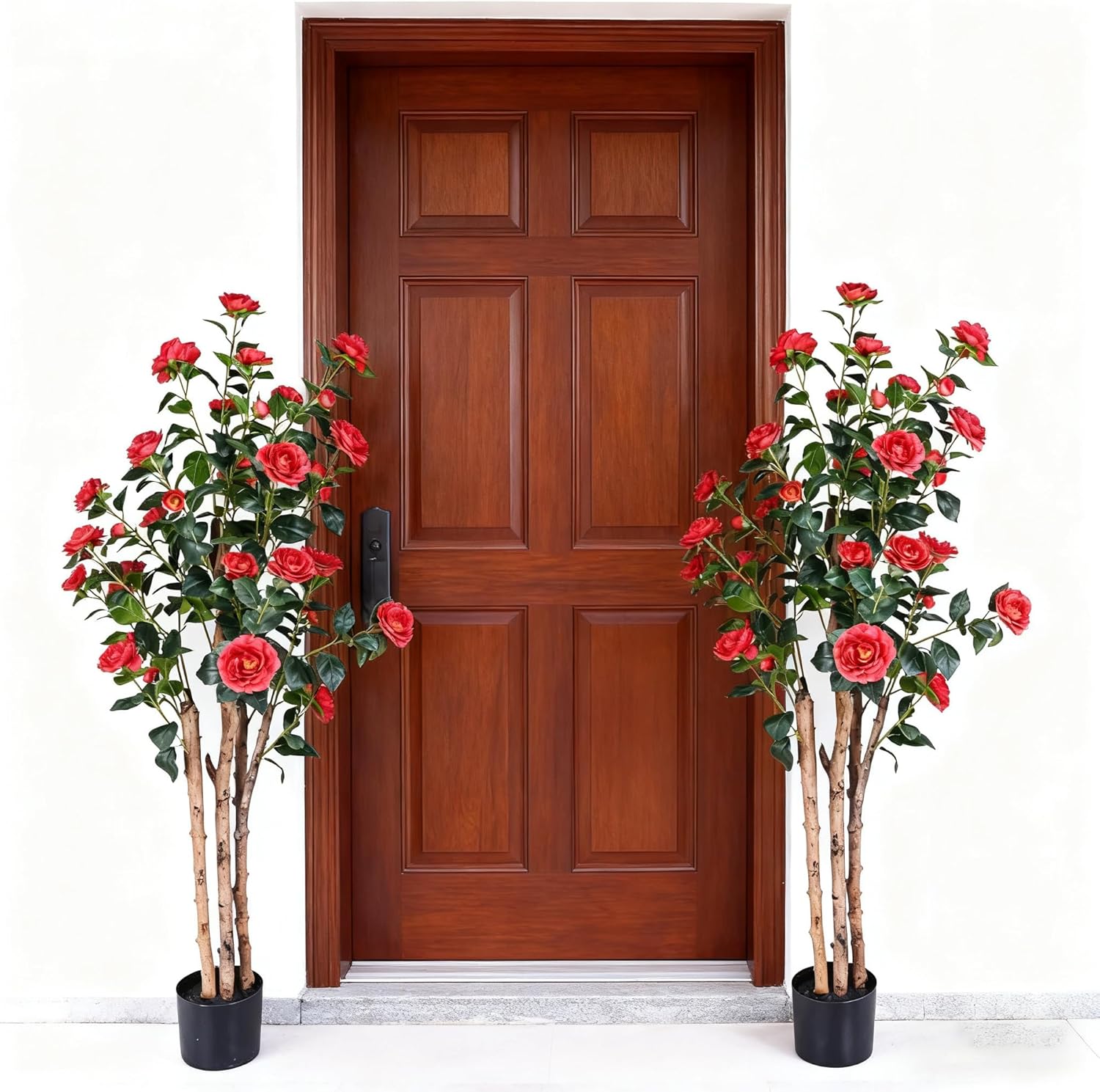 Decorative Artificial Camellia Tree with Realistic Blooming Red Flowers, 5FT Potted Fake Tree for Indoor Home Decor, Faux Camellia Plant for Front Door