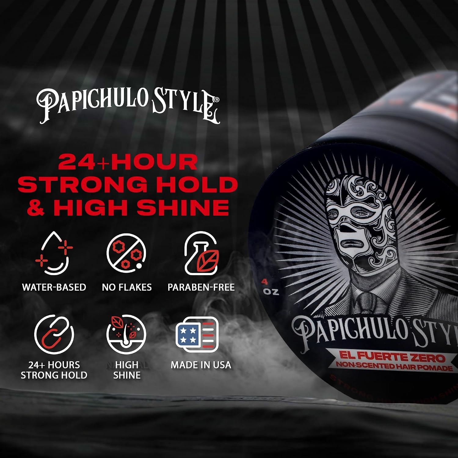 Deluxe Pomade “El Fuerte Zero” – Strong Hold, High Shine, Adds Volume – Unscented, Water-Based, Flake-Free, Easy Washout, Paraben-Free – Made in USA - 4 oz