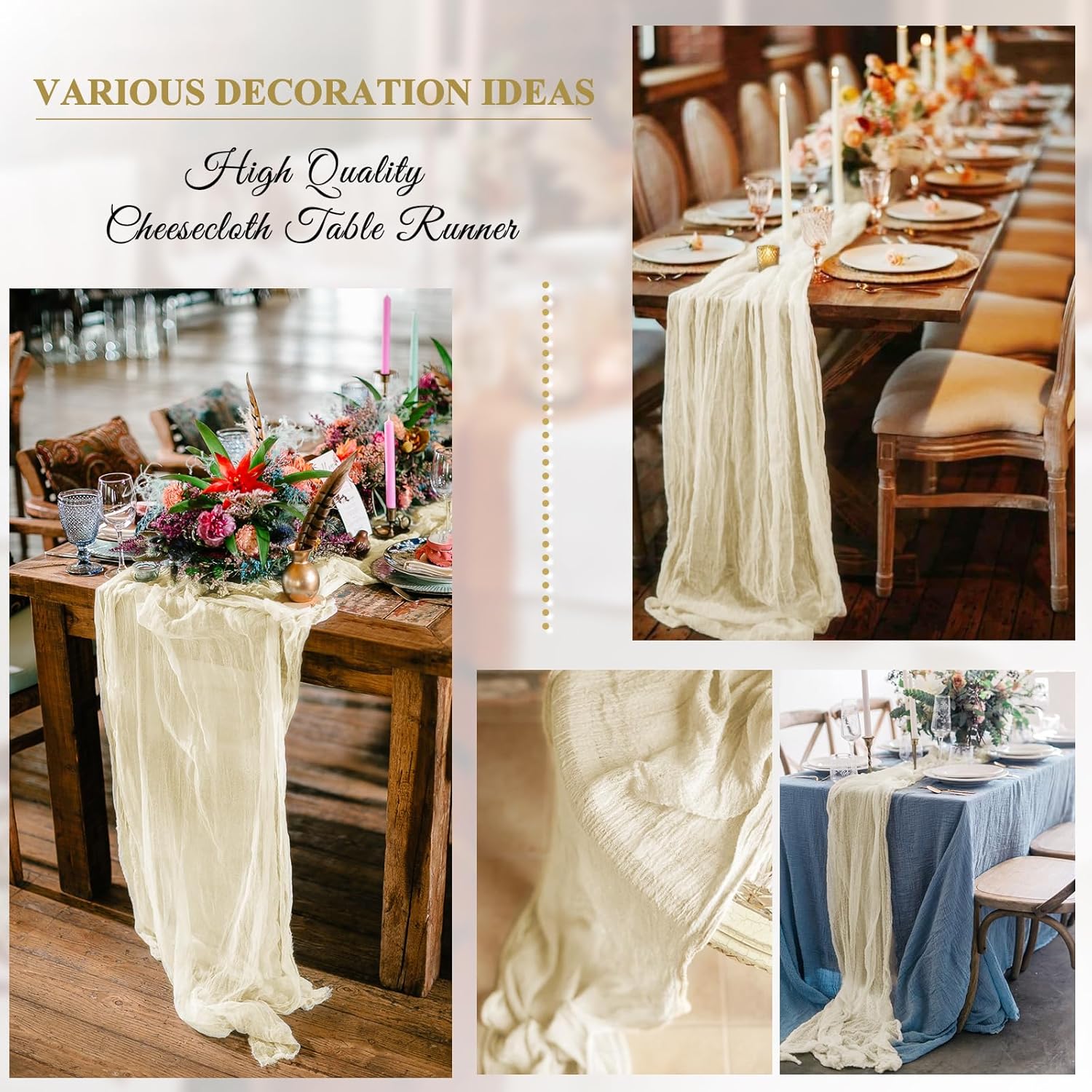 10 Pack Ivory Cheesecloth Table Runner 20 x 120 Inch Rustic Gauze Boho Cheese Cloth Table Runners 10Ft for Wedding Party Bridal Shower Decoration