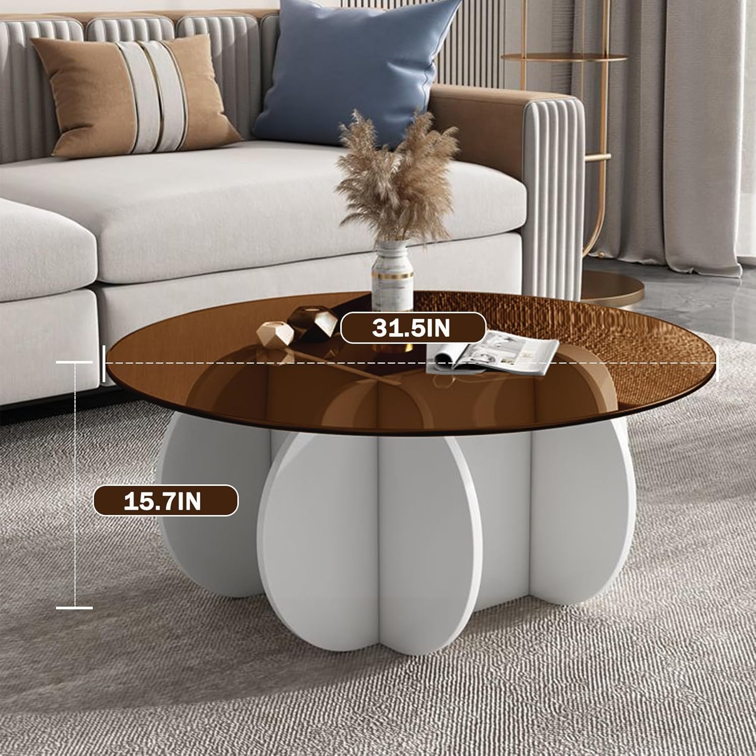 Round Coffee Table, Modern Glass Coffee Table for Living Room, Unique White Center Table with Tempered Glass Top & Solid Wood Legs, Circle Amber Accent Table for Small Spaces White + Brown 31.5in