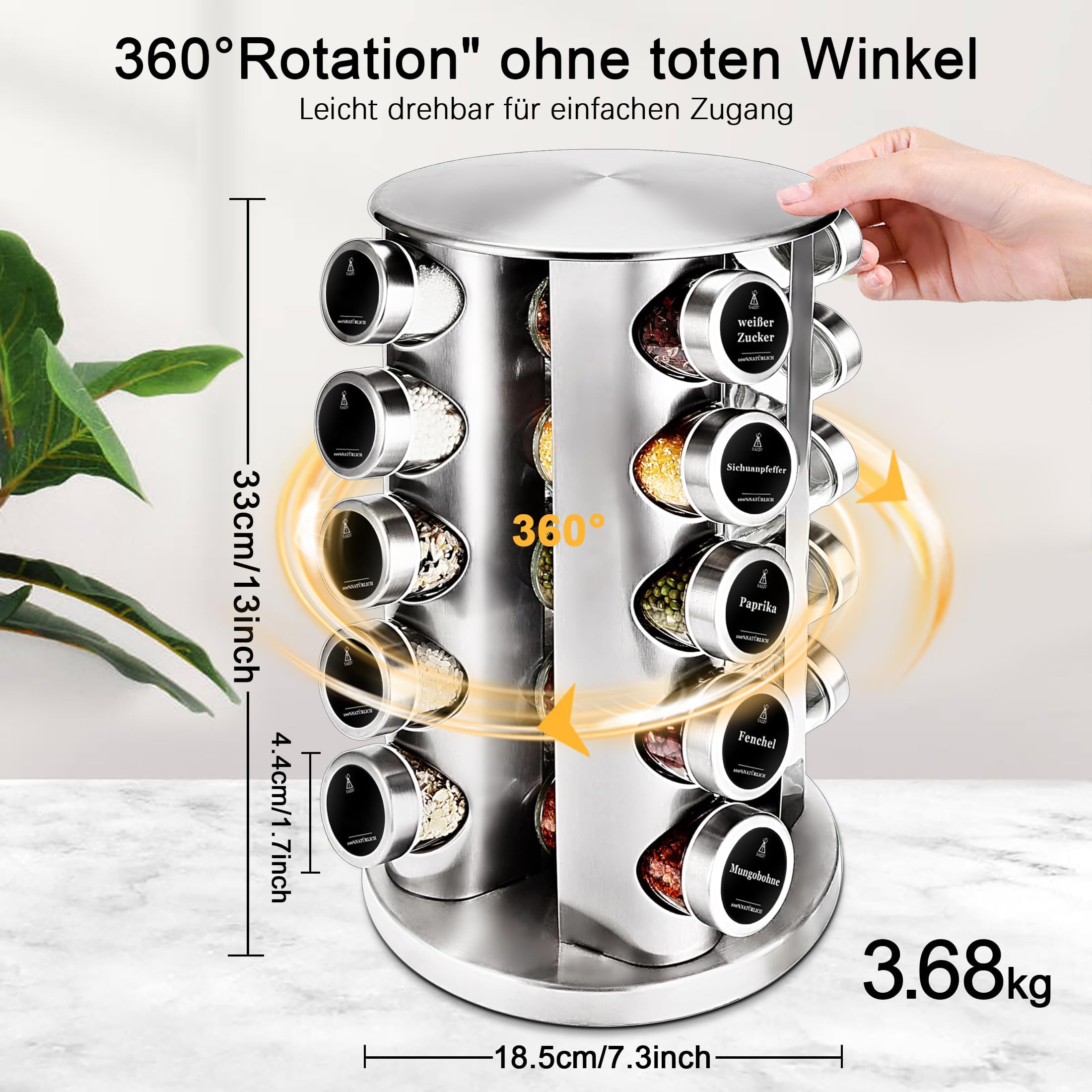 Carosello portaspezie girevole, rotondo, a 5 ripiani, in acciaio inox, con 20 barattoli rotondi per spezie German Black Labels, barattoli per spezie con mensola, portaspezie