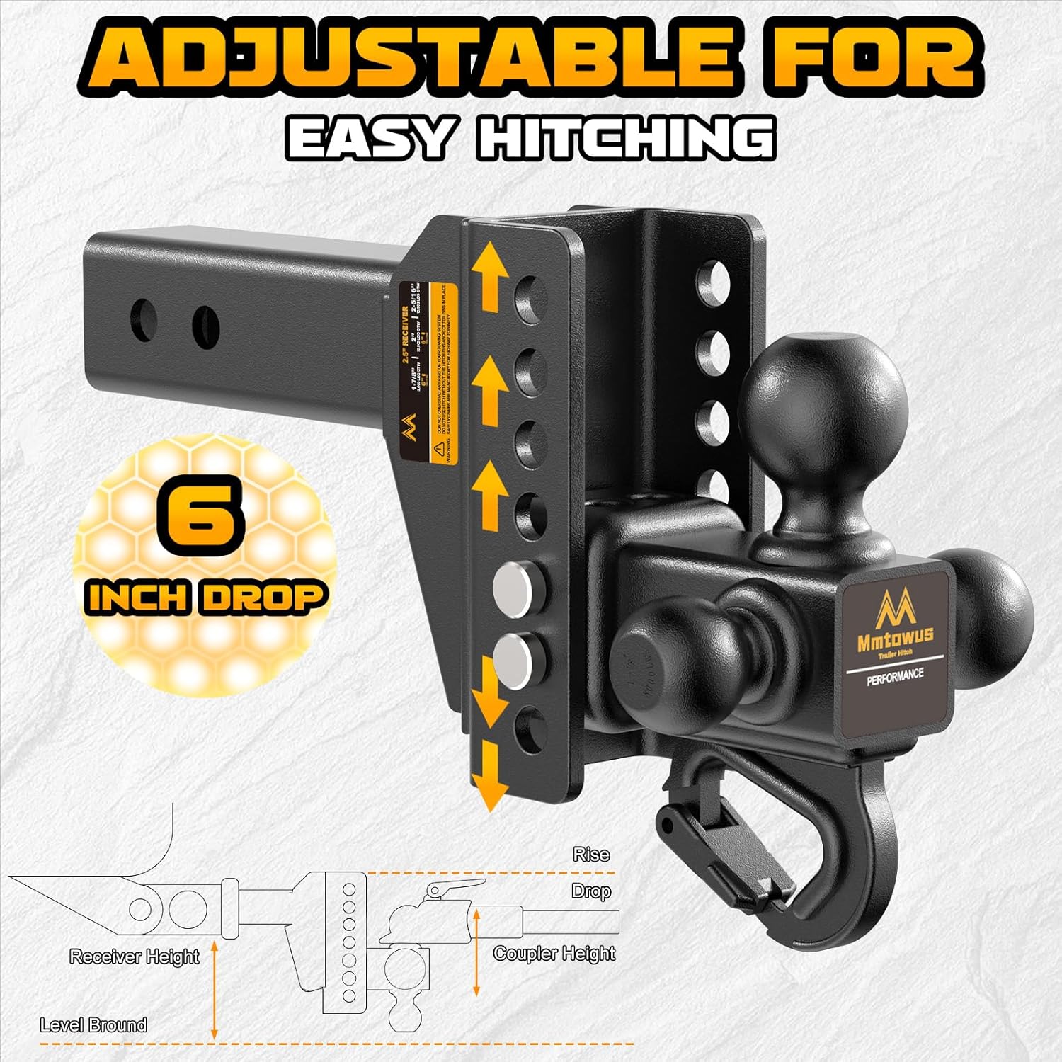 Adjustable Trailer Hitch -Drop Hitch -Tri Ball Mount w/Hook (1-7/8'', 2''&2-5/16''), Fits 2.5-Inch Receiver, 6'' Drop/Rise 15,000 LBS GTW Tow Hitch, 3 Ball Hitches for Trucks, RV, Camper etc