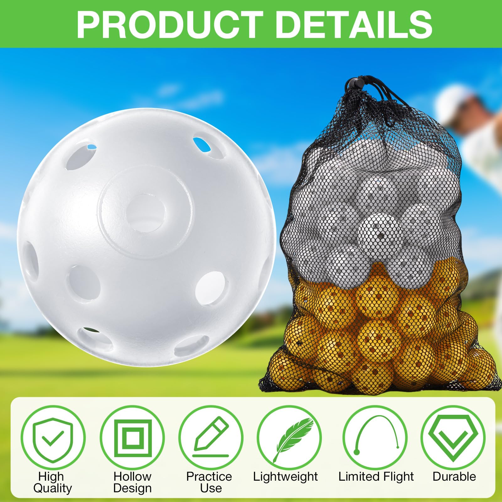 MiniInflat Paquete de 80 pelotas de golf para práctica, vuelo limitado, 42 mm, para entrenamiento de golf, flujo de aire, bola de plástico hueca para mujeres y hombres, interior y exterior, campo de