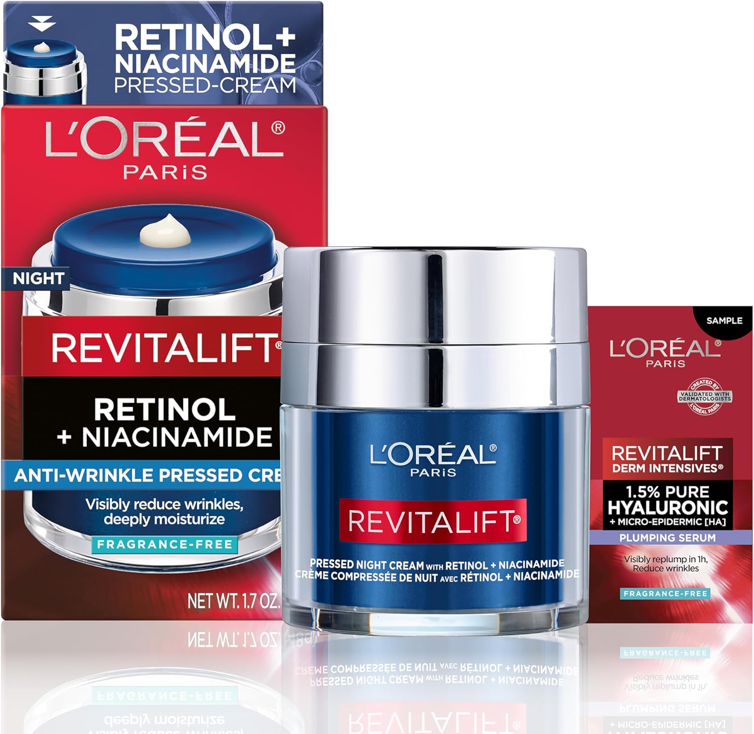 L'Oreal Paris Revitalift Pressed Night Cream, Retinol + Niacinamide, Reduces Wrinkles, Fragrance Free, 1.7 oz + Serum Sample