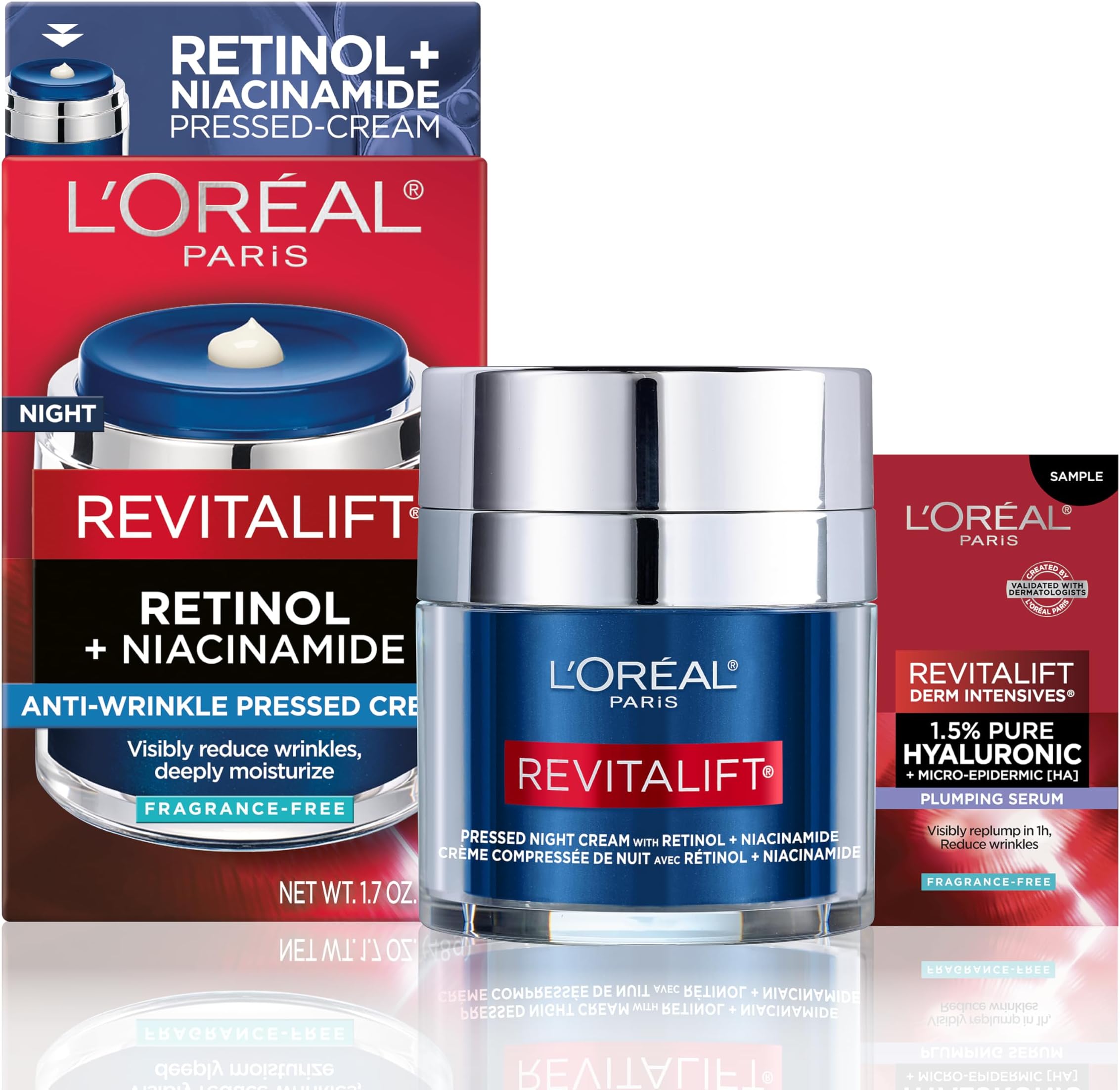 Revitalift Pressed Night Cream, Retinol + Niacinamide, Reduces Wrinkles, Fragrance Free, 1.7 oz + Serum Sample