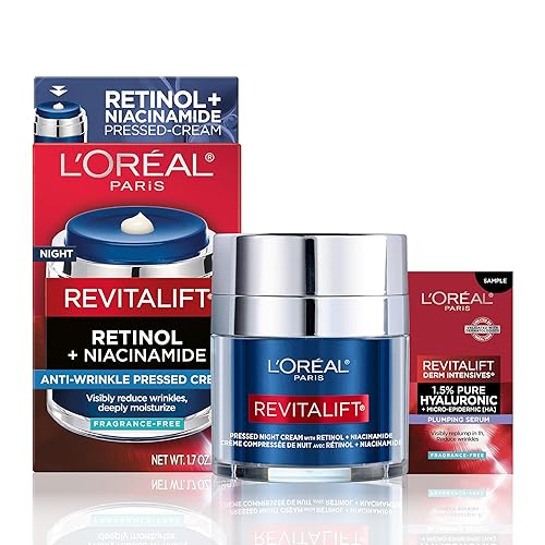 L'Oreal Paris Revitalift Crema de noche prensada, retinol + niacinamida, reduce las arrugas, sin fragancia, 1.7 onzas + muestra de suero