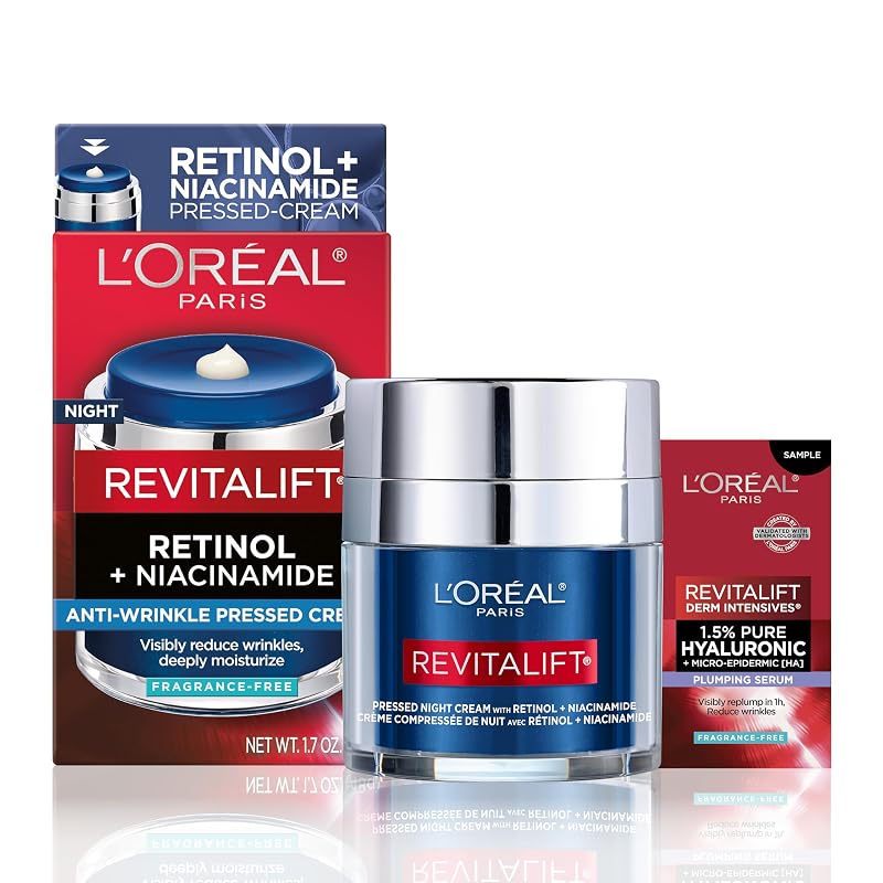 Creme noturno prensado L'Oreal Paris com retinol e niacinamida, sem fragrância, 50 mL, com amostra de sérum
