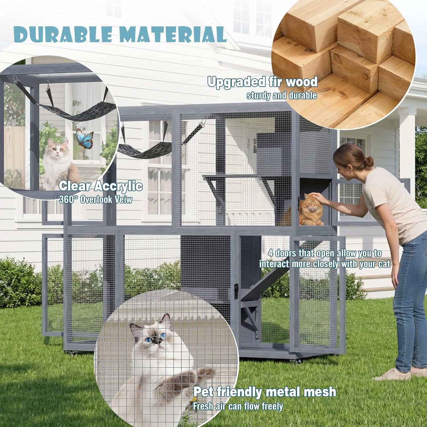 Catio Outdoor Cat Enclosures, Large 4 Tiers Cat House with Wheels, Wooden Window Catio Cats Cage with Weatherproof Roof, Hammock, Platforms, Scratching Post for Multiple Kitty Indoor (Grey)