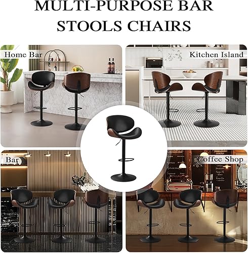 Miniatura 9 de Juego de 2 taburetes de bar ajustables de madera curvada moderna con base de metal y reposapiés, taburete de bar tapizado de piel sintética con