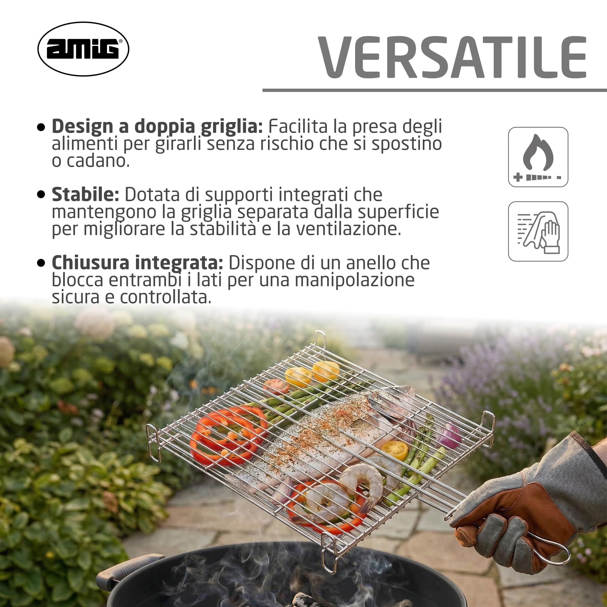 Amig - Griglia per Barbecue - 50 x 50 cm - Realizzata in Acciaio Resistente alla Corrosione - Girata Uniforme Ideale per Arrostire Carni e Verdure - MOD. AM25