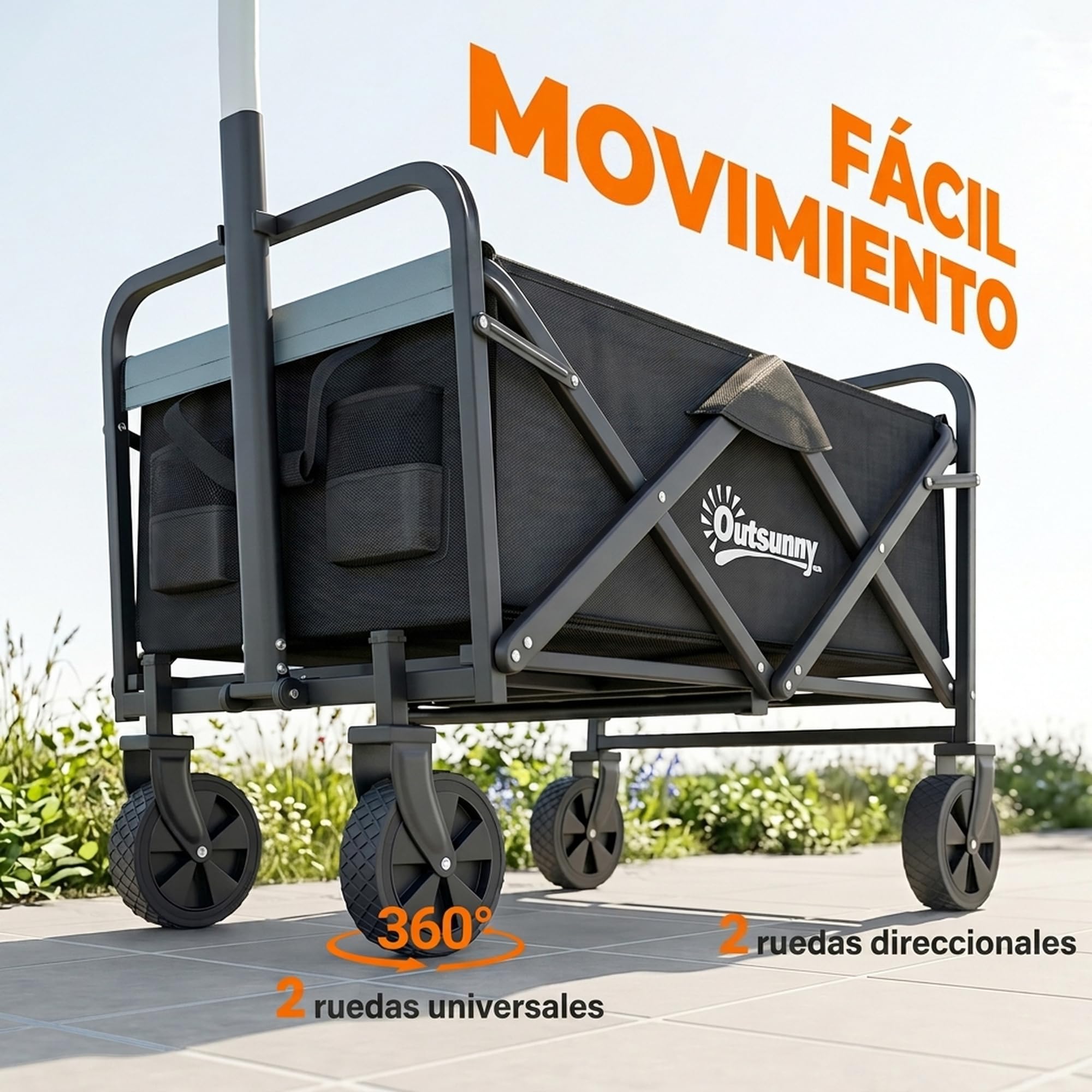 Outsunny Carro Plegable con Ruedas Grandes Carro Jardín Plegable Negro | 4 Ruedas, Longitud y Ángulo Mango Ajustables, Tela Oxford Resistente, Capacidad 70 L, Carga 80 kg, para Compra Campaña
