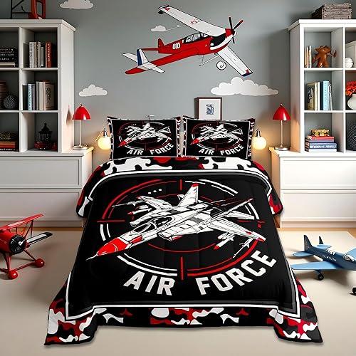 ZZRS2779ZMD-BZ_USF - Juego de edredón de tamaño matrimonial, ropa de cama de 3 piezas con diseño de camuflaje militar, rojo y negro para niños,