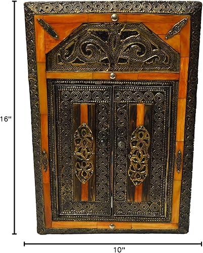 Miniatura 5 de Treasures Of Morocco Espejo de hueso de camello marroquí hecho a mano Base de madera con puertas naranja