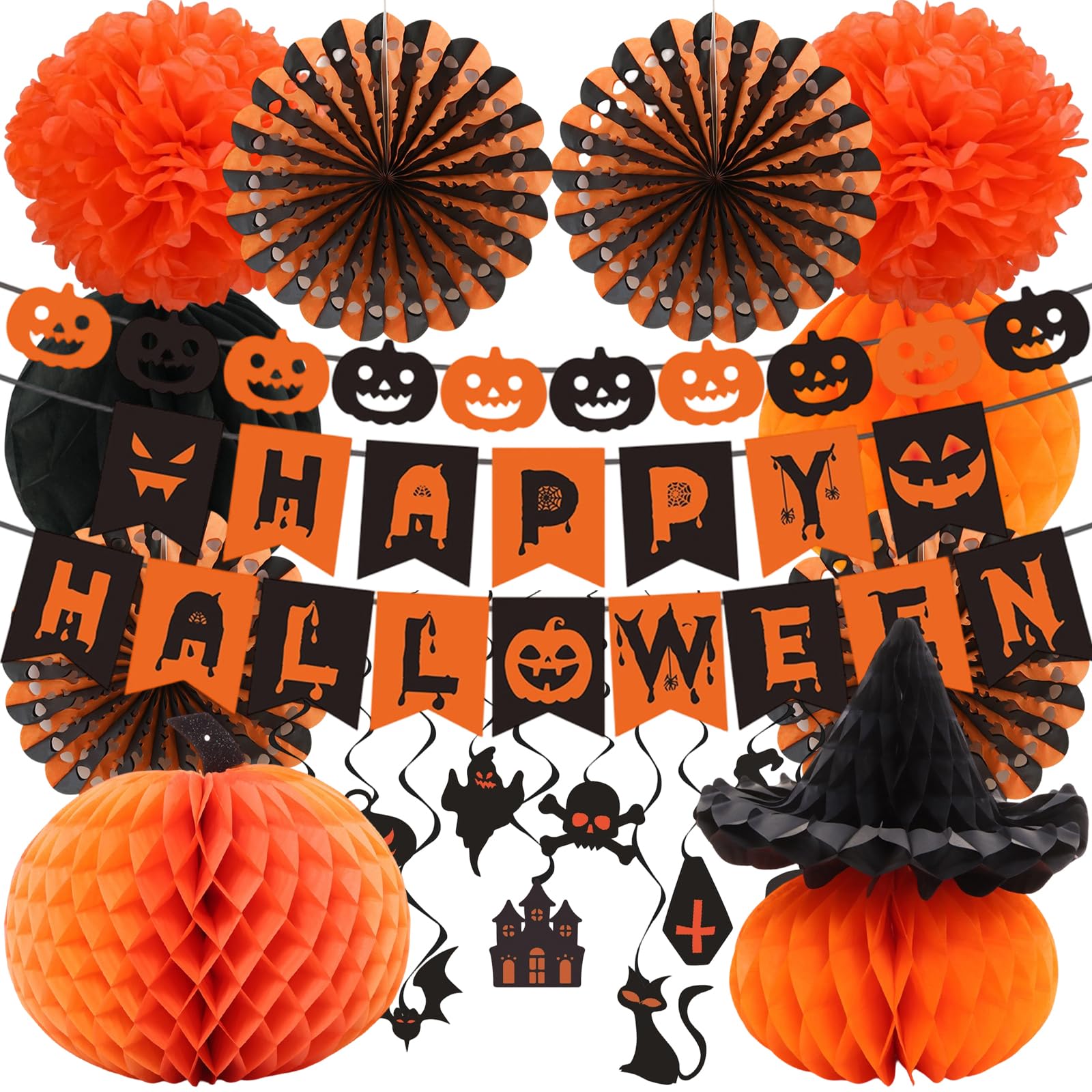 Halloween Decoration Set, Happy Halloween Banner, Hanging Swirls