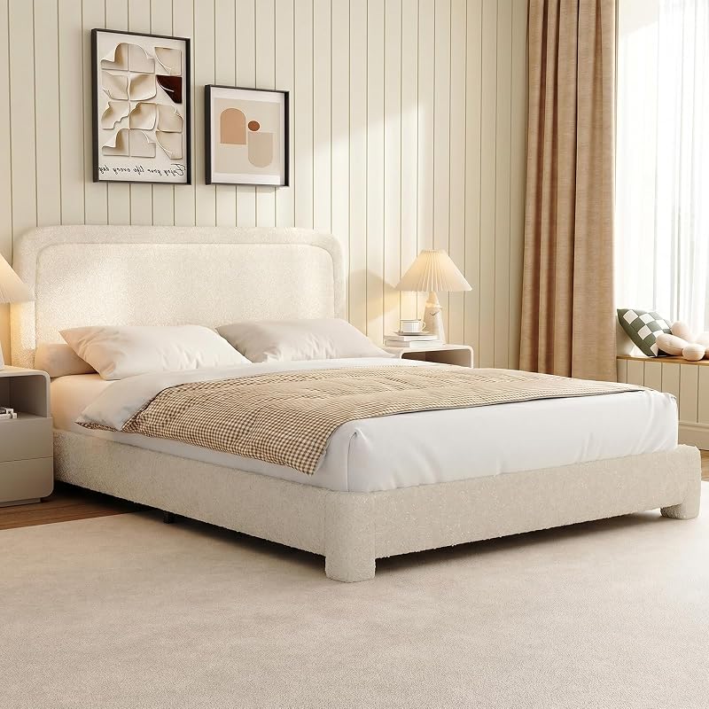 WEUP King Size Boucle Bed Frame, Soft Upholstered Cloud Bed Frame with Headboard, Rounded Corners, No Box Spring Required, Adjustable Headboard, Easy Assembly
