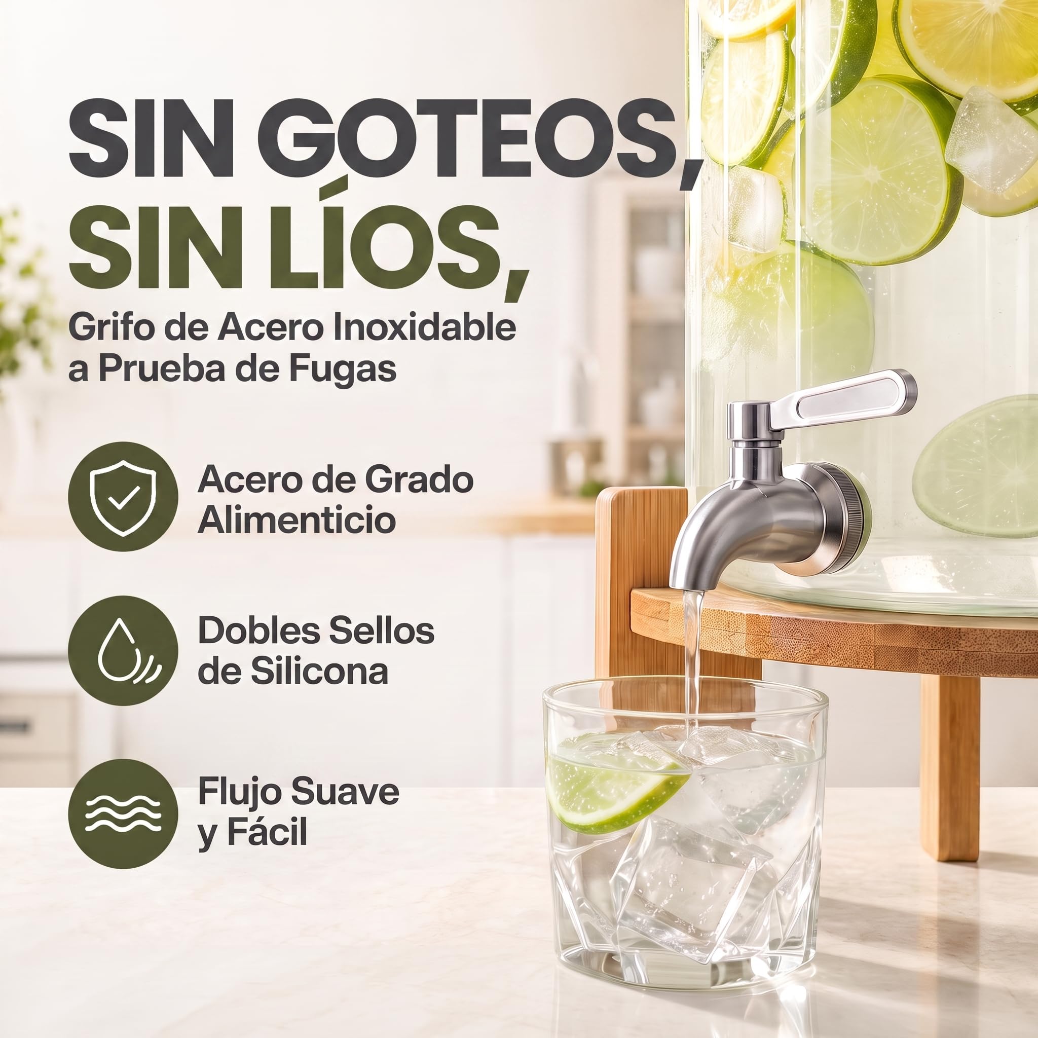 Dispensador de bebidas con grifo antigoteo de acero inoxidable Dispensador de agua de vidrio con soporte y tapa de bambú Dispensador de limonada de vidrio borosilicato resistente al calor (5 litros)