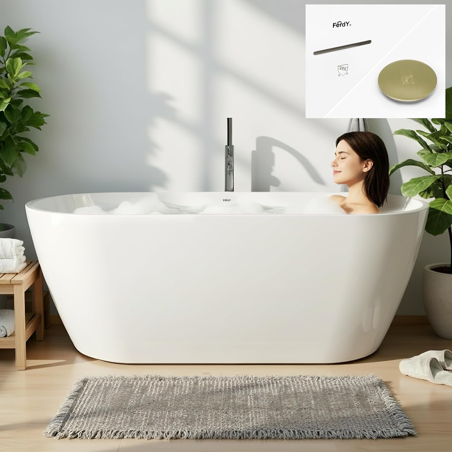 FerdY 67" Acrylic Freestanding Bathtub, Contemporary Soaking tub with Brushed Gold Drain, cUPC Certified, Elegant Oval Shape, Bali