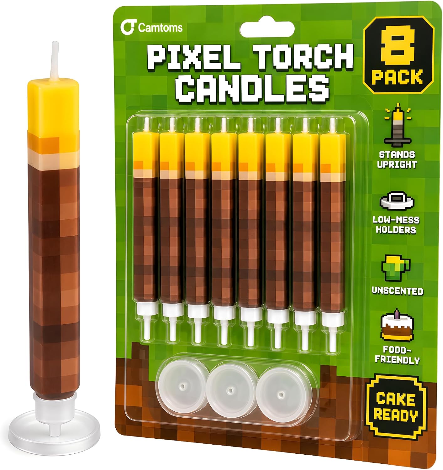 Large Birthday Candles 8pcs, Pixel Torch Cake Toppers, Gamer Party Decor