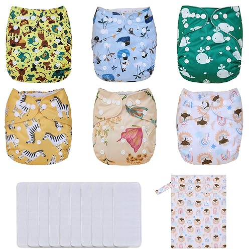 Pañales de tela lavables reutilizables talla única ajustable para bebé, paquete de 6 con 10 inserciones, 1 bolsa húmeda