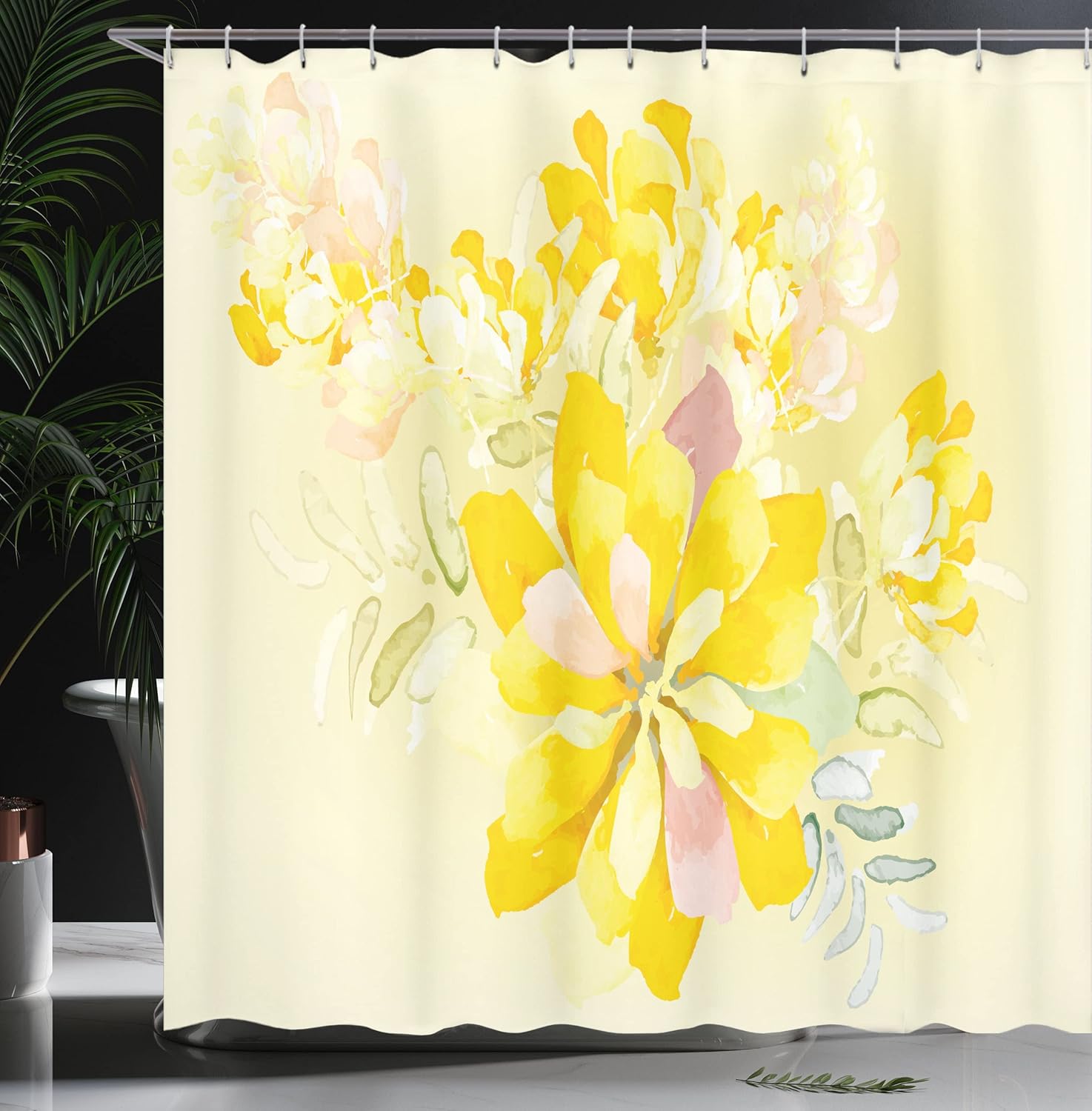 Ambesonne Country Shower Curtain, Romantic White Flowers Leaves Orchids Abstract Backdrop Image Print, Cloth Fabric Bathroom Decor Set with Hooks, 69" W x 70" L, Multicolor Yellow Green