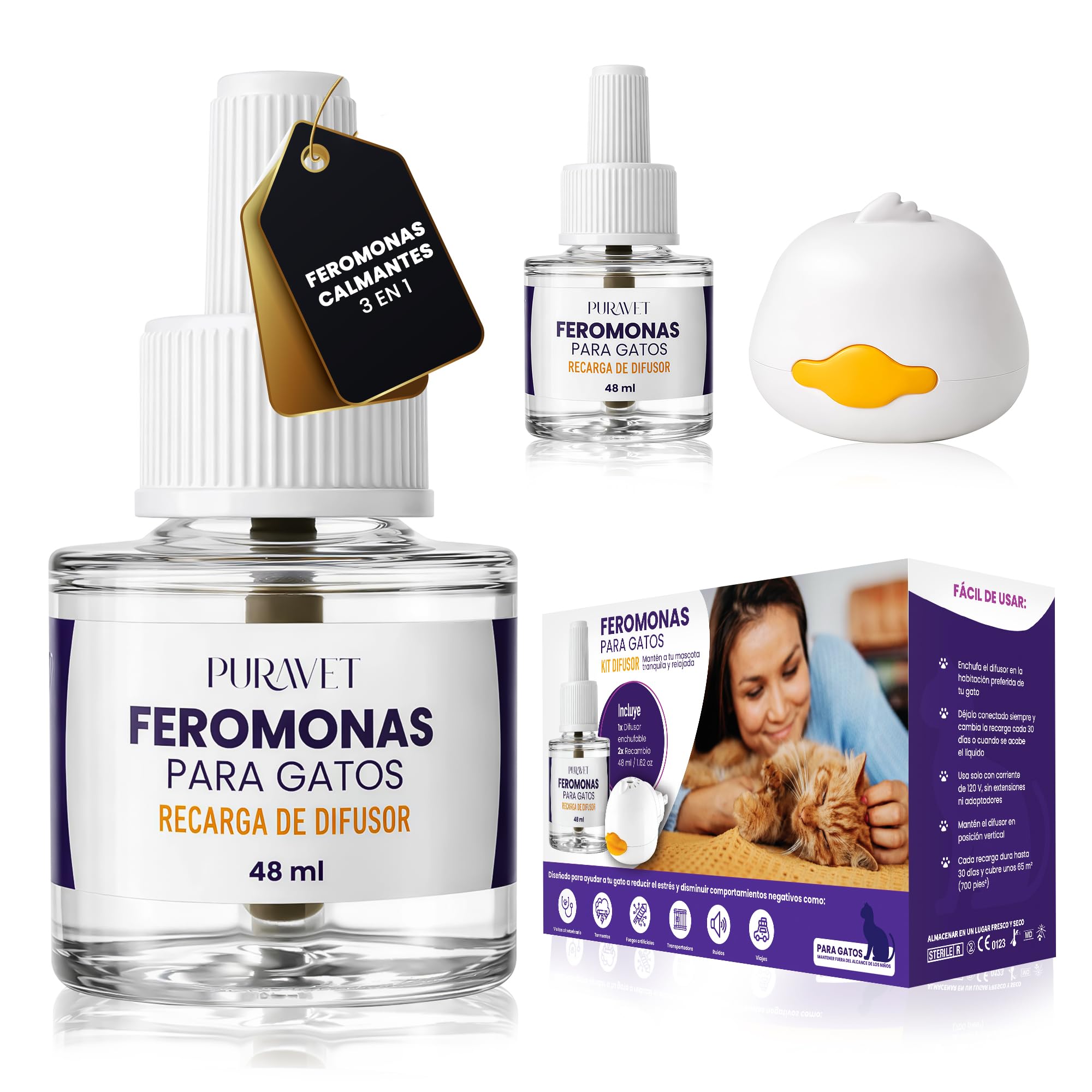 Feromonas para Gatos - Difusor + 2 Recambios de Feromonas Calmantes para Gatos (60 días, 48 ​​ml) - Ayuda a Reducir el estrés del Gato, Arañazos, Miedos, Cambios, Marcaje con Orina.