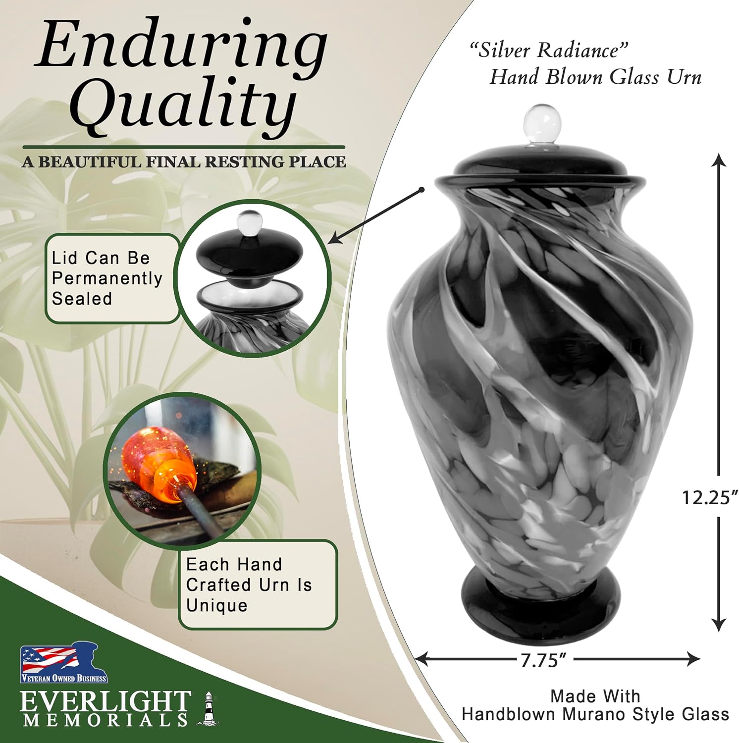 Silver Radiance Hand Blown Glass Art Large Cremation Urn for Human Ashes – Adult Memorial Urn for Man or Woman – Museum Quality