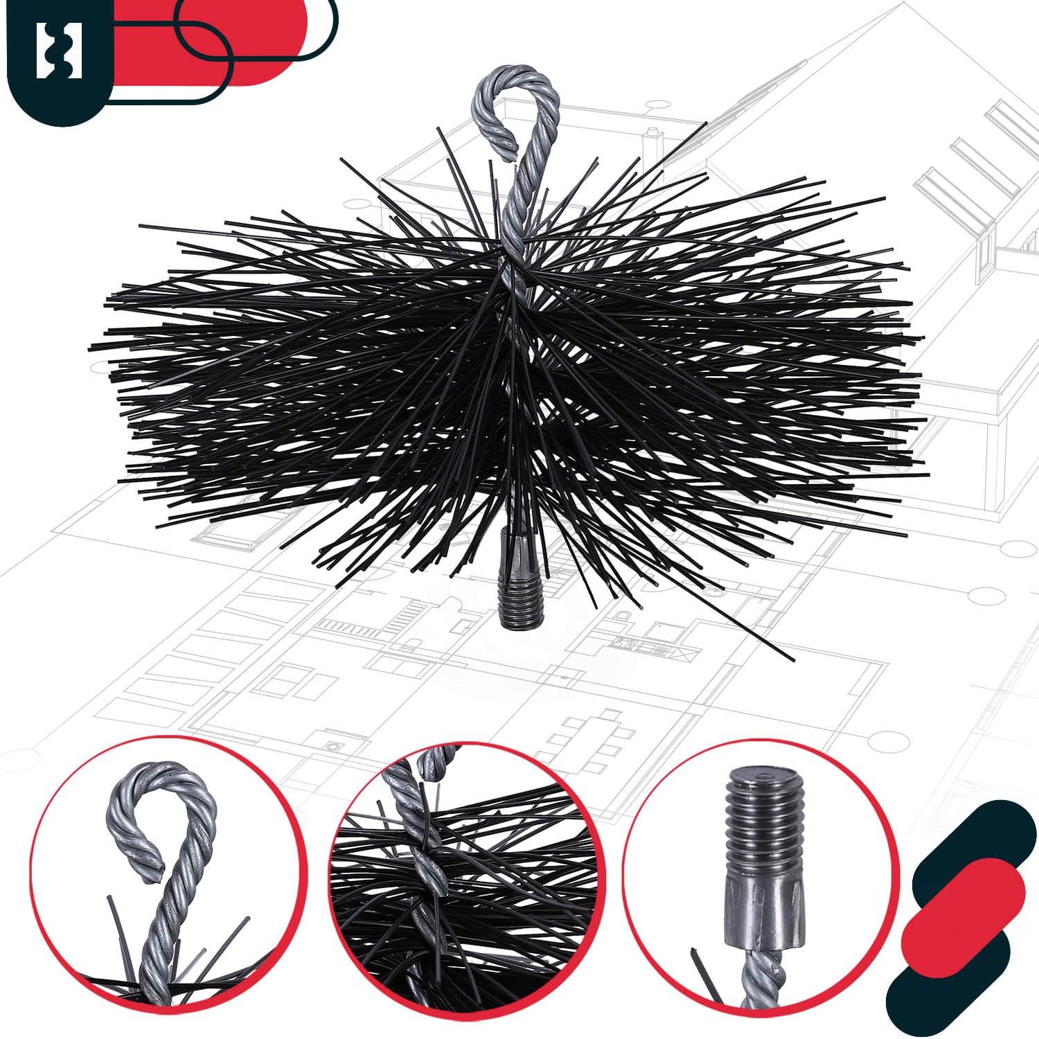 KOTARBAU® Erizo, Cabezal Deshollinador, Ø 200 mm, Cepillo Redondo de PCV, Cepillo de plástico para chimeneas, Accesorio para Limpieza de chimeneas, Rosca M12, con Anilla, para Materiales sensibles