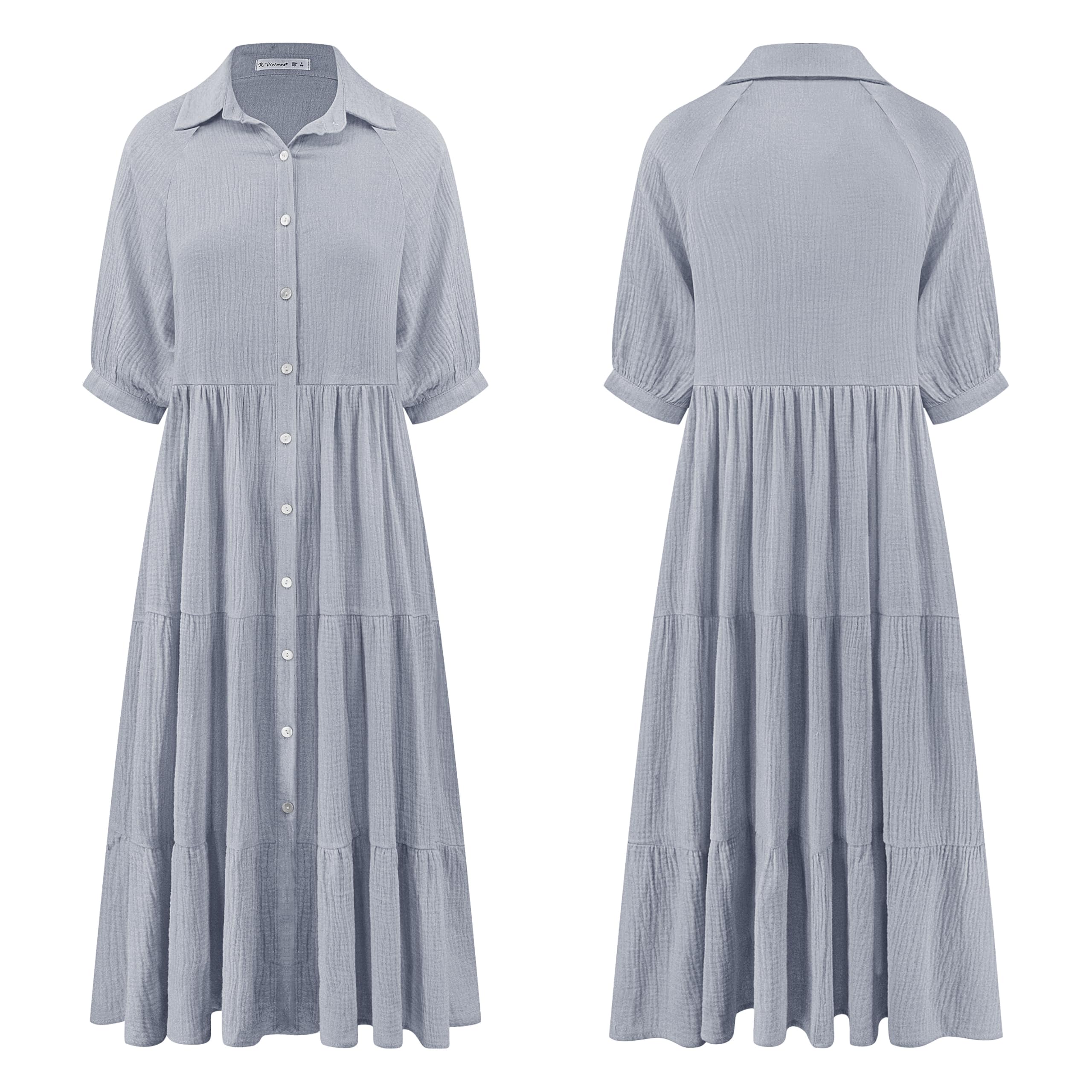 R.Vivimos Vestito Estivo Casual Mezza Manica Bohémien Donna Elegante Chic Abito da Camicia Midi a Pieghe con Scollo a V