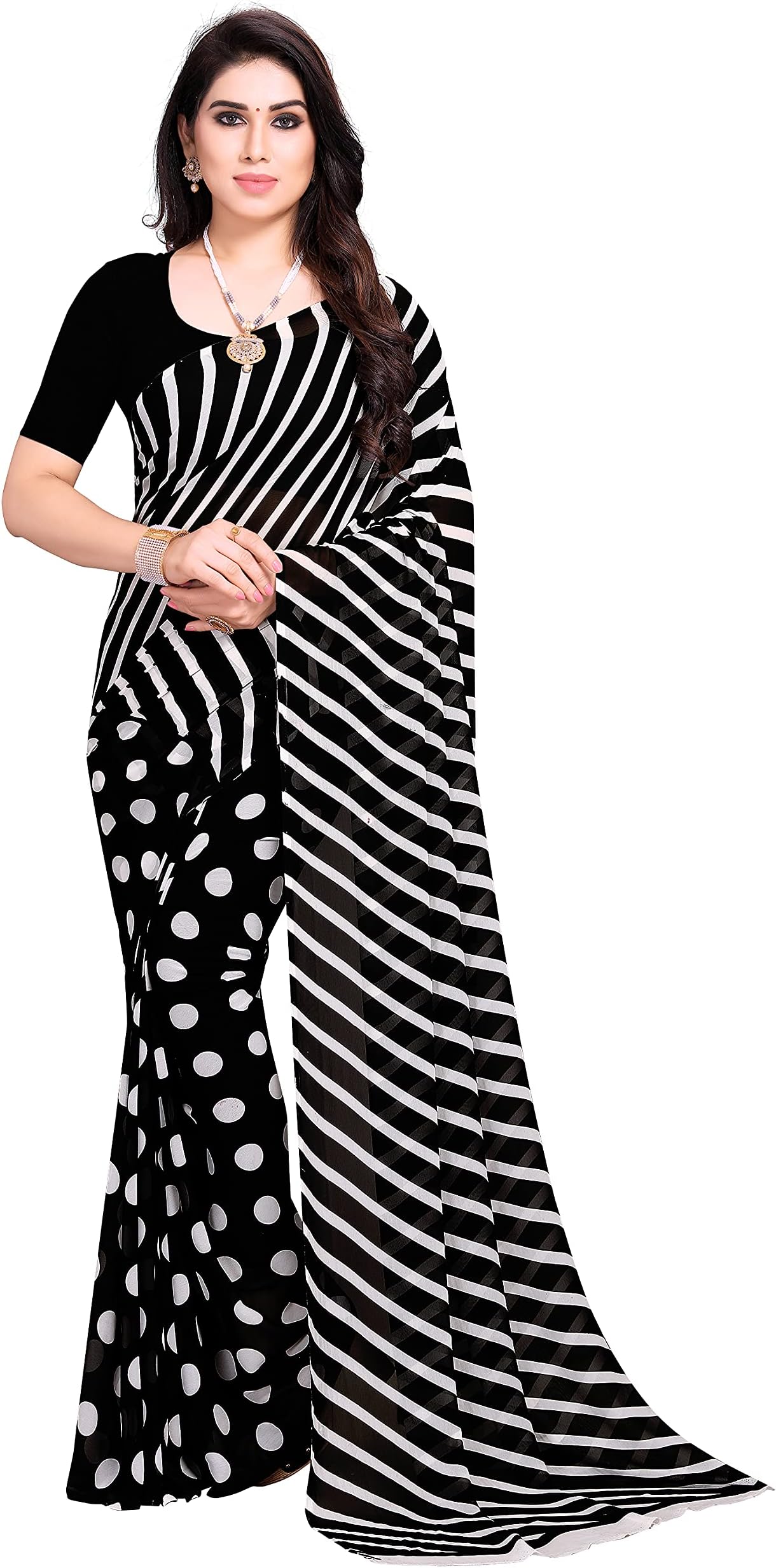 ANAND SAREES Women's Knit Pure Georgette Sarees (1670_6_Black)