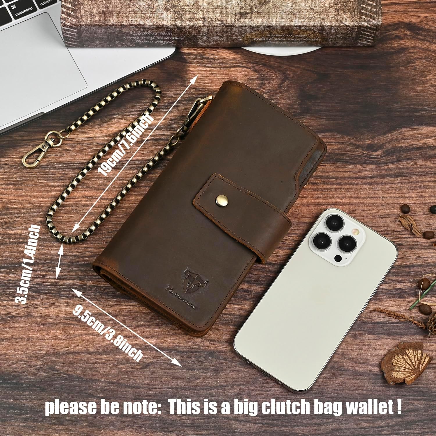 Genuine Crazy Horse Leather Travel Gift Coin Pocket Card Case Long Organizer Chain Rfid Wallet Purse With Snap For Men Male 1803 1815 (W-1820-Brown) - Image 3