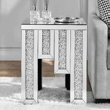 Mirrored Nightstand, 18" Silver End Table, Crushed Diamond, No Assembly | Hand-Inlaid Crystal Side Table for Bedroom Living Room, Shatter-Proof Packaging, Housewarming Gift