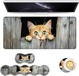 Keyboard Mouse Pad Set, Extended Gaming Mouse Pad+Ergonomics Keyboard Wrist Rest Support, Memory Foam, Easy Typing Pain Relief, 4Pcs XL Ultra Thick Desk Mat,Cute Kitten