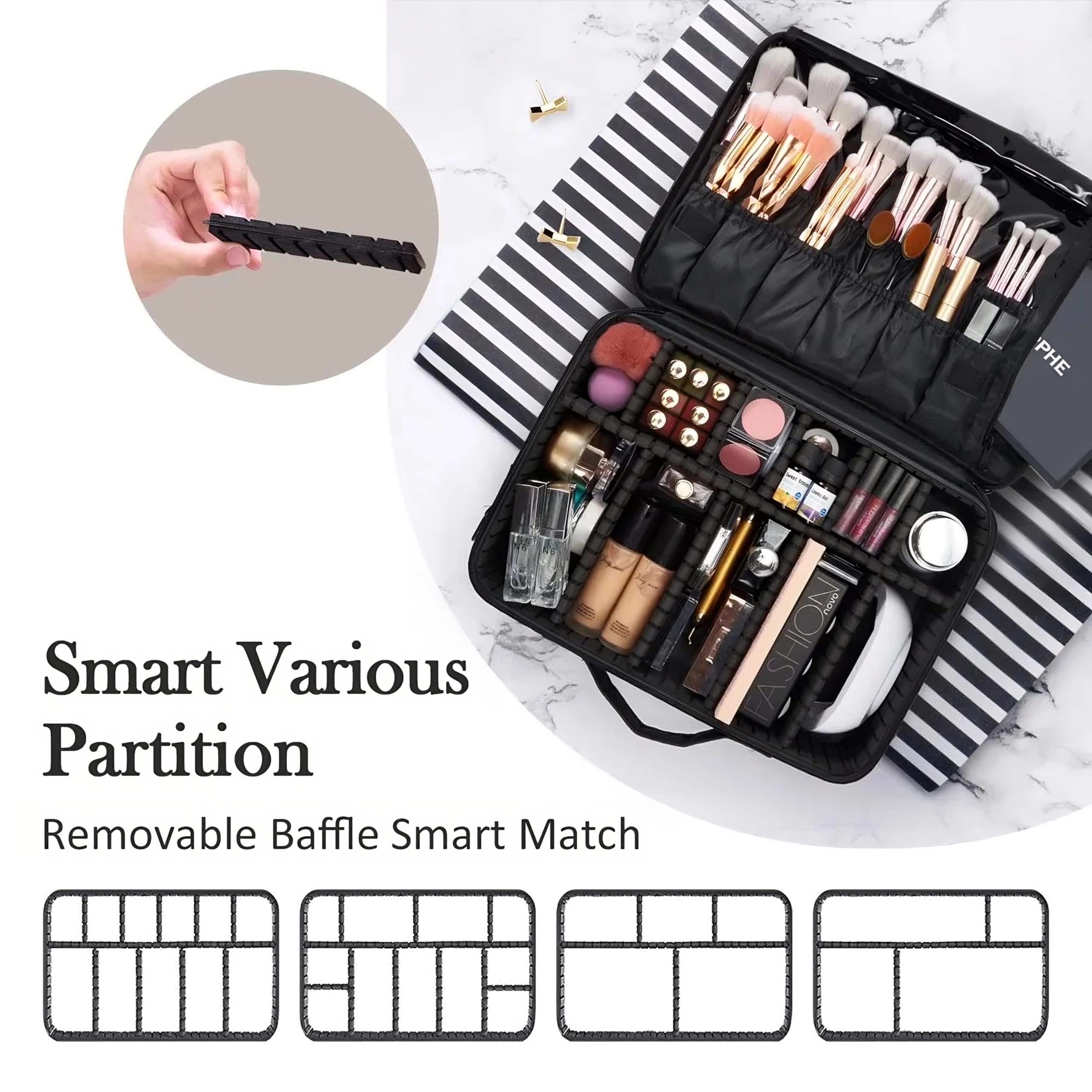 NFI essentials Cosmetic Case Large Makeup Bag Professional Train Case 16" Travel Make up Organizer Brush Holder Water Resistance Makeup Artist, 3 Layer with Adjustable Strap - Image 2 thumbnail