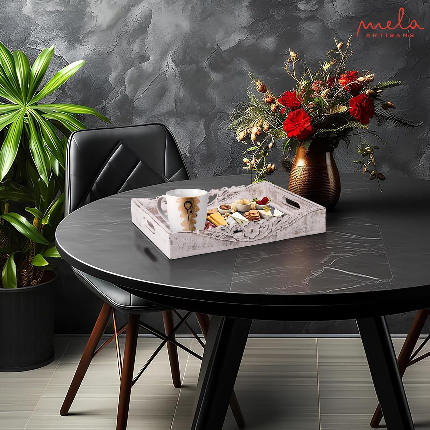 Mela Artisans Distressed White Wooden Decorative Tray with Handles | 16x12x2.5 Mango Wood Ottoman Tray | for Kitchen Countertop | Coffee Table | Snacks | Desserts | Breads | Bedroom Decor