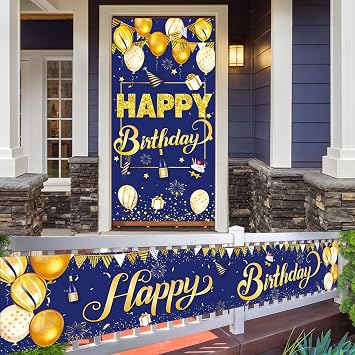 Blue and Gold Birthday Banner, 70.87" x 35.43", Perfect for Outdoor Decoration