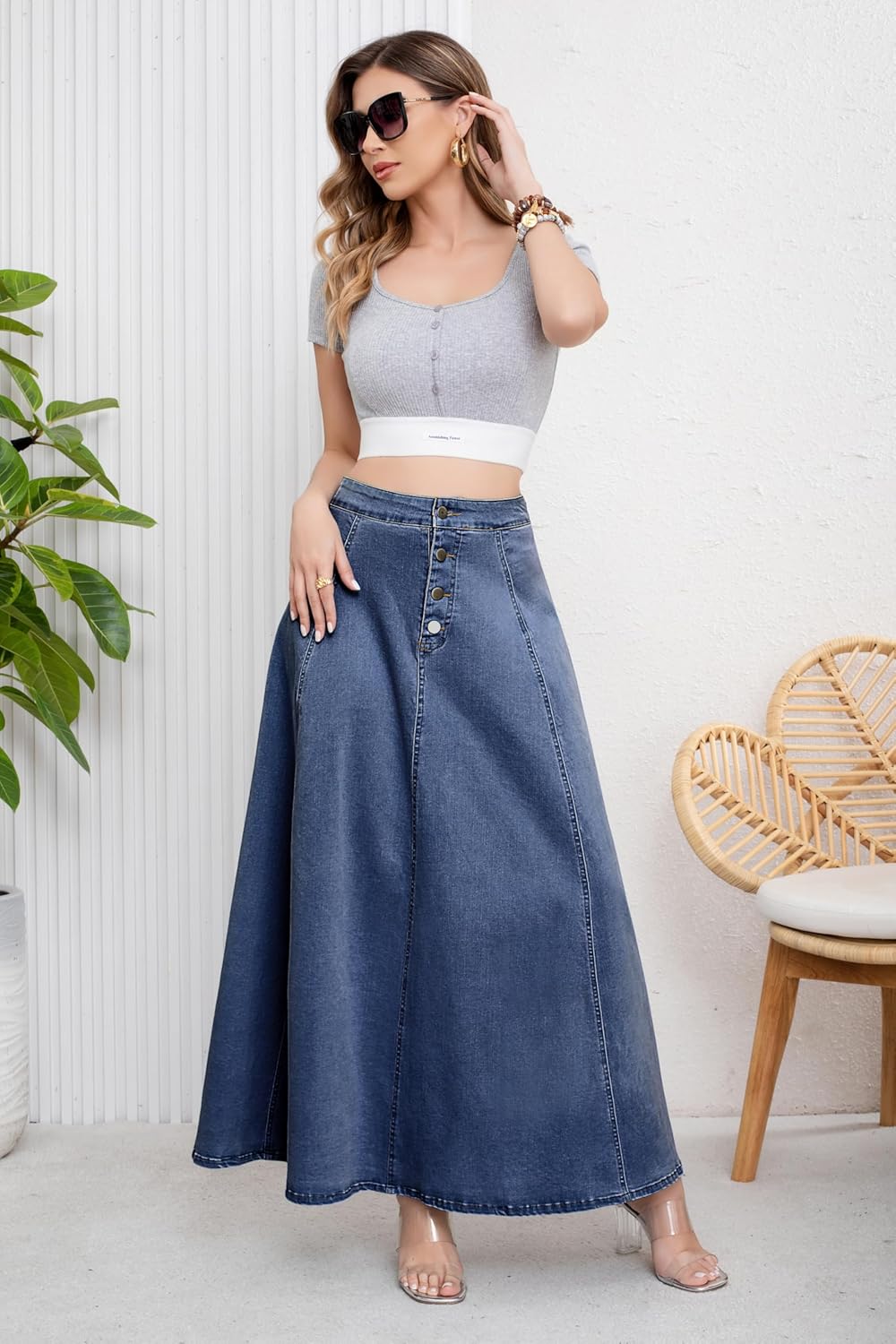ebossy Women's Retro High Waisted Button Fly Flared Long Jean Skirts Pleated Flowy Swing A-line Denim Maxi Skirts - Image 3