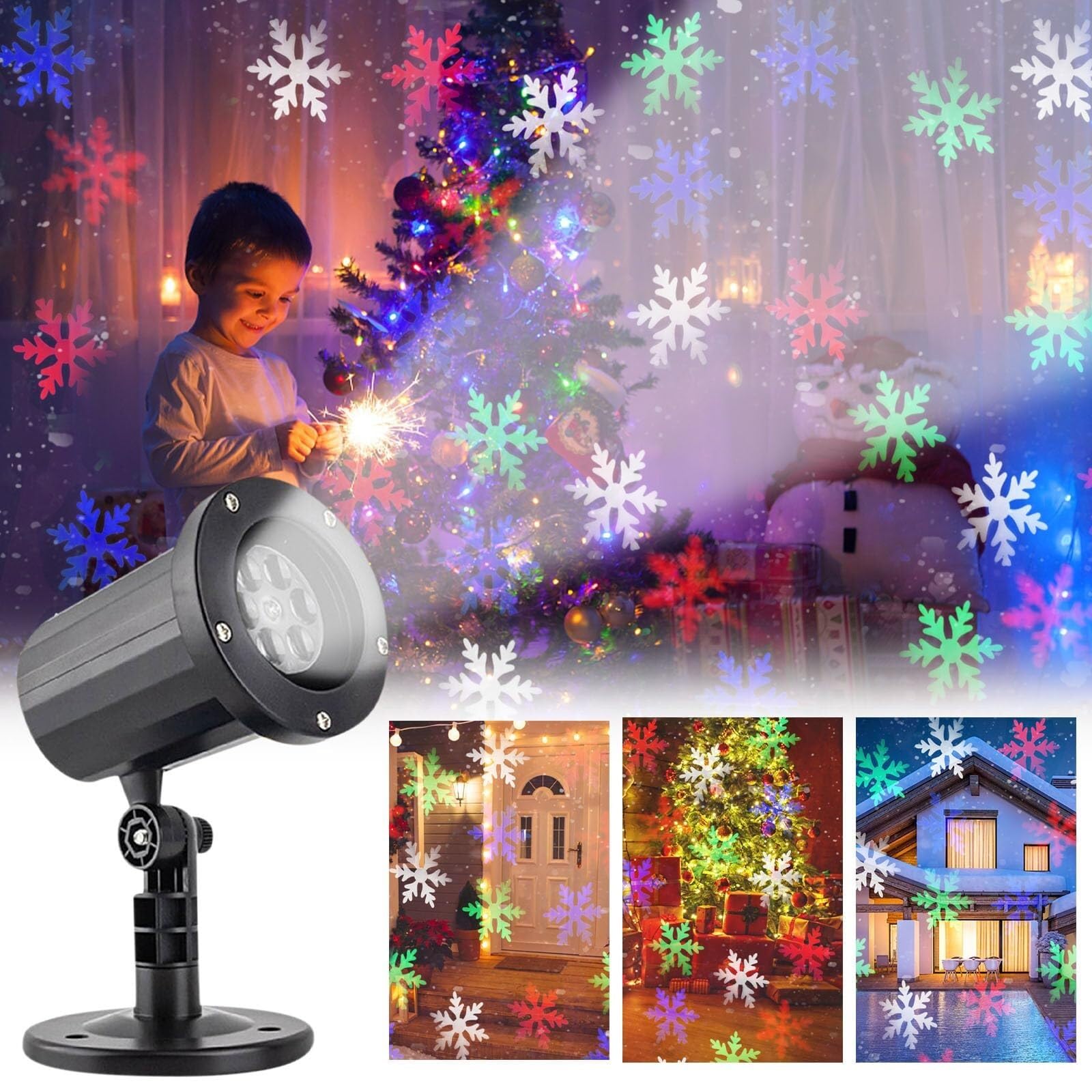 Proiettore di luci natalizie per esterni, proiettore a LED con fiocco di neve, decorazioni per le vacanze, IP65, resistente alle intemperie, proiettore da neve regolabile a 180° per faretti, Capodanno
