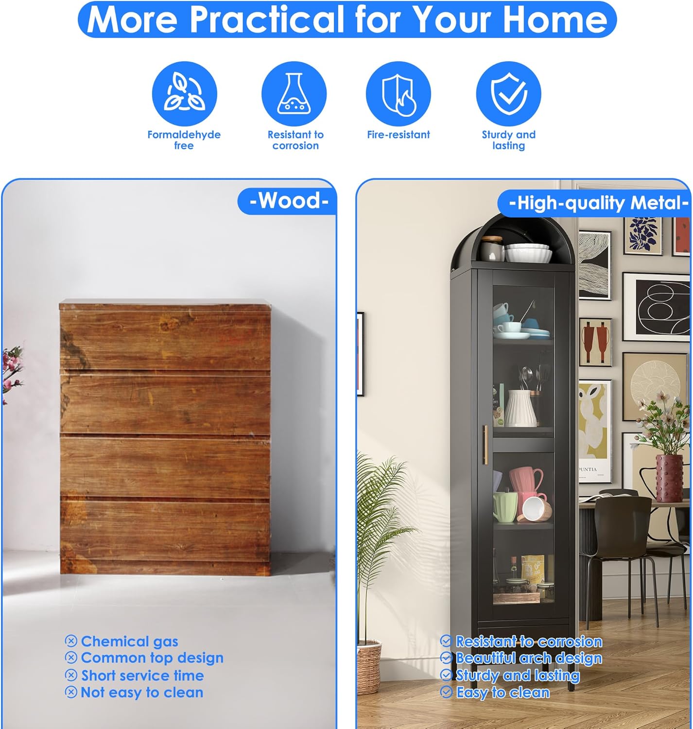73''H Metal Arched Bookcase Cabinet, Arch Display Storage Cabinet with Glass Doors & Shelves and 1Drawer for Living Room, Kitchens,Office, Black, Assembly Required