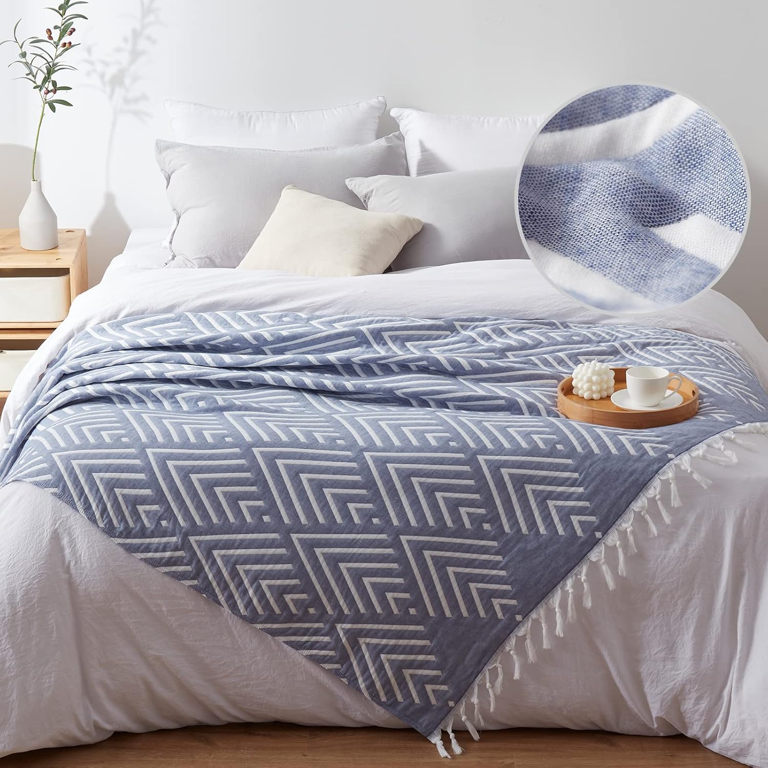 SE SOFTEXLY Muslin Blanket Throw 50x60, Jacquard Summer Cooling Blanket Cozy Organic Egyptian Cotton Bed Spread for Bed Couch Breathable Lightweight Keep Body Cool for Hot Sleepers