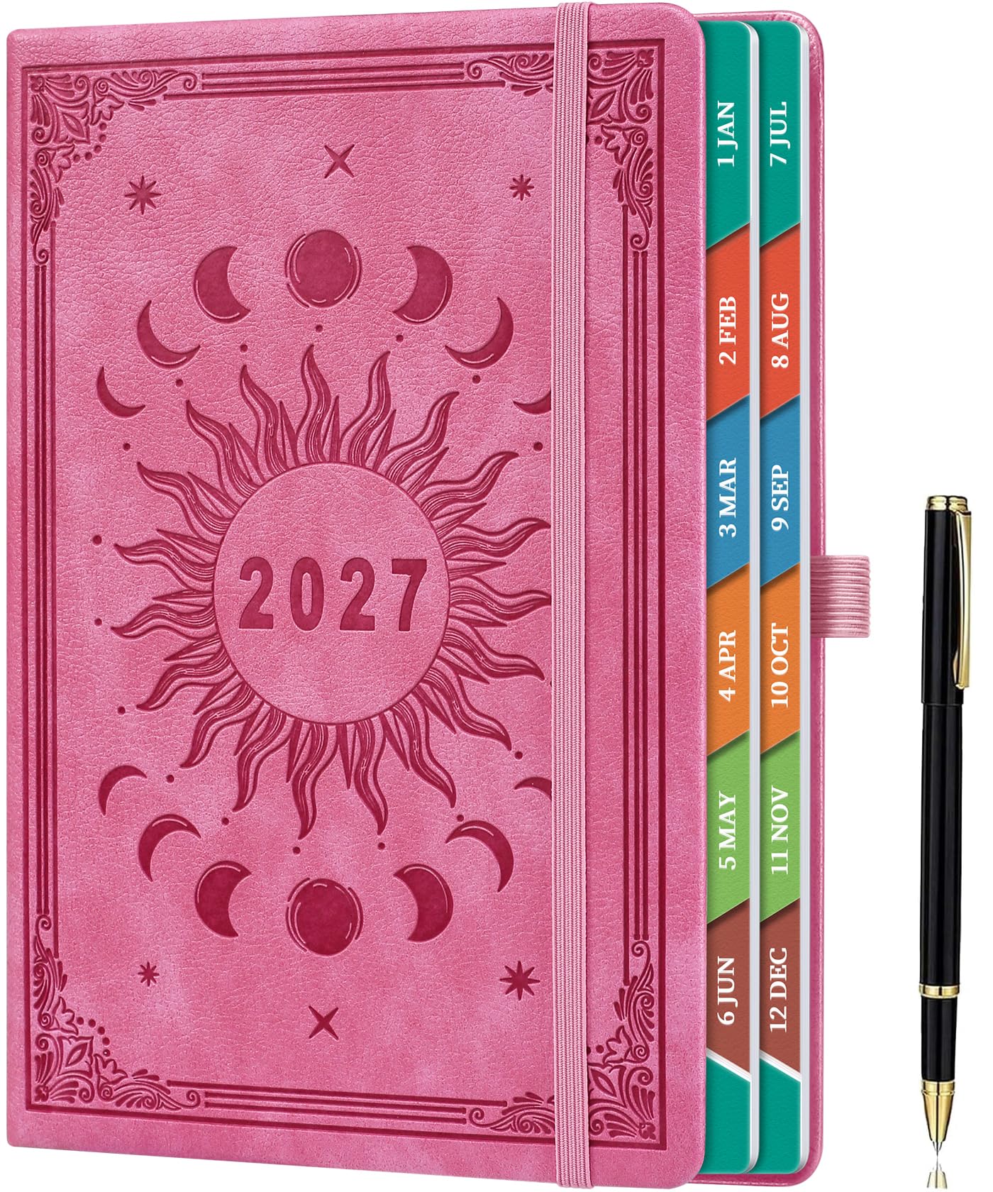 ZXHQ Diary 2027 Day Per Page A5, Jan - Dec, with Colorful Tabs, UK Holidays, Inner Pocket,100 Gsm Paper, Pen Set, Full Year Daily Planner 2027 with Monthly View, 5.9" × 8.5" - Rose Glow